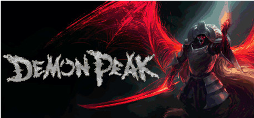 The image is a dramatic representation of an armored figure with red, energy-like wings, set against a dark background, titled "DEMON PEAK"